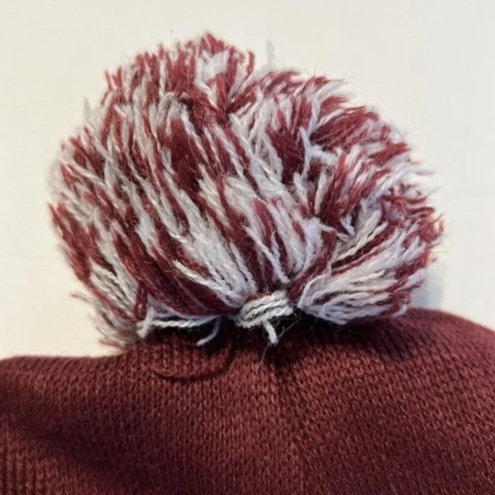 PINK Victoria's Secret Maroon White Beanie Hat Pom Pom OSFM Spell-Out One Size